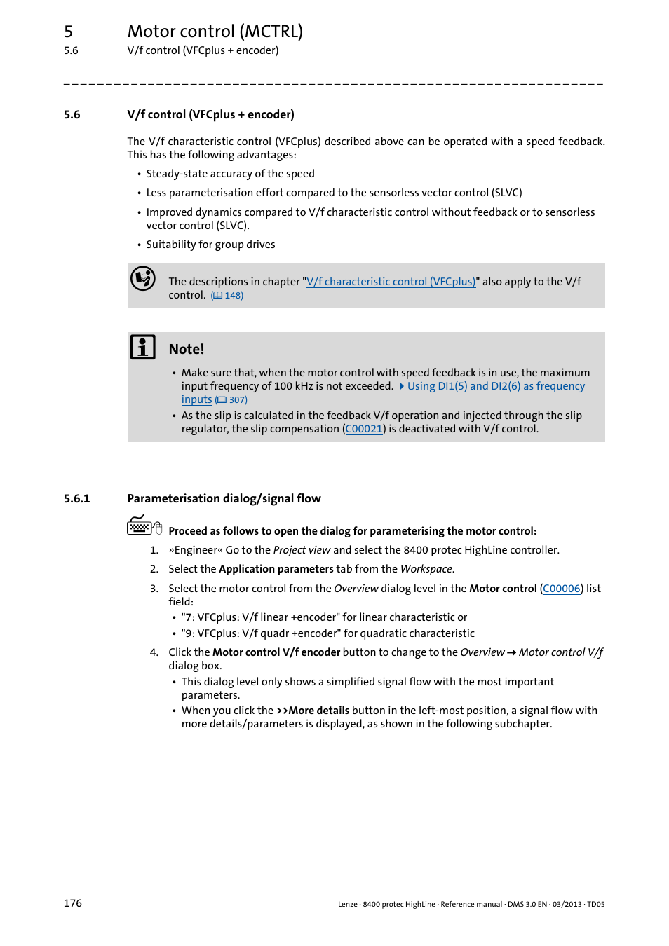 6 v/f control (vfcplus + encoder), 1 parameterisation dialog/signal flow, V/f control (vfcplus + encoder) | Parameterisation dialog/signal flow, 5motor control (mctrl) | Lenze 8400 User Manual | Page 176 / 1494