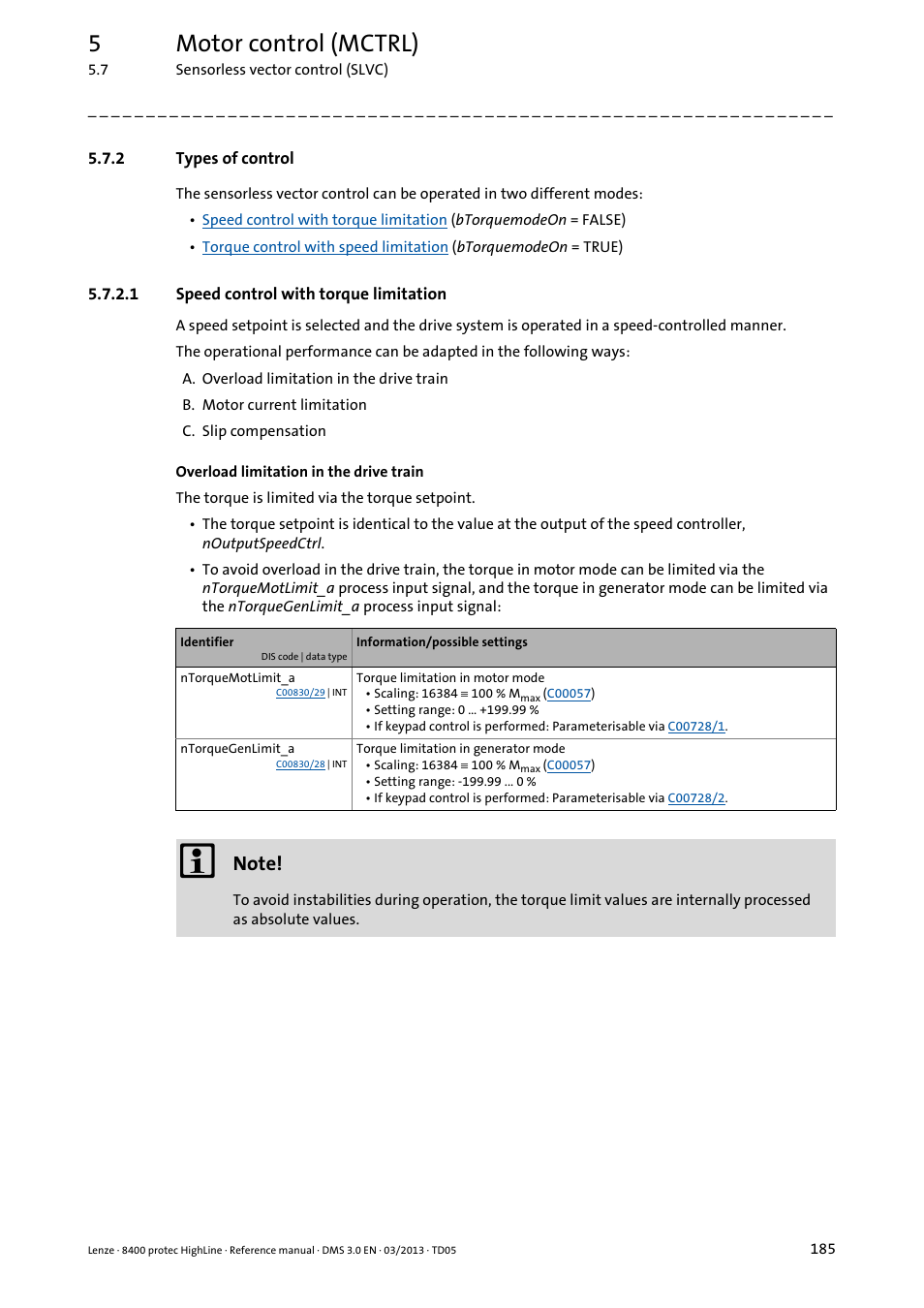 2 types of control, 1 speed control with torque limitation, Types of control | Speed control with torque limitation, 5motor control (mctrl) | Lenze 8400 User Manual | Page 185 / 1494