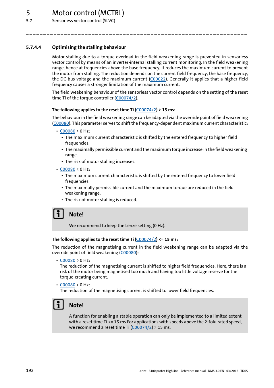 4 optimising the stalling behaviour, Optimising the stalling behaviour, 5motor control (mctrl) | Lenze 8400 User Manual | Page 192 / 1494