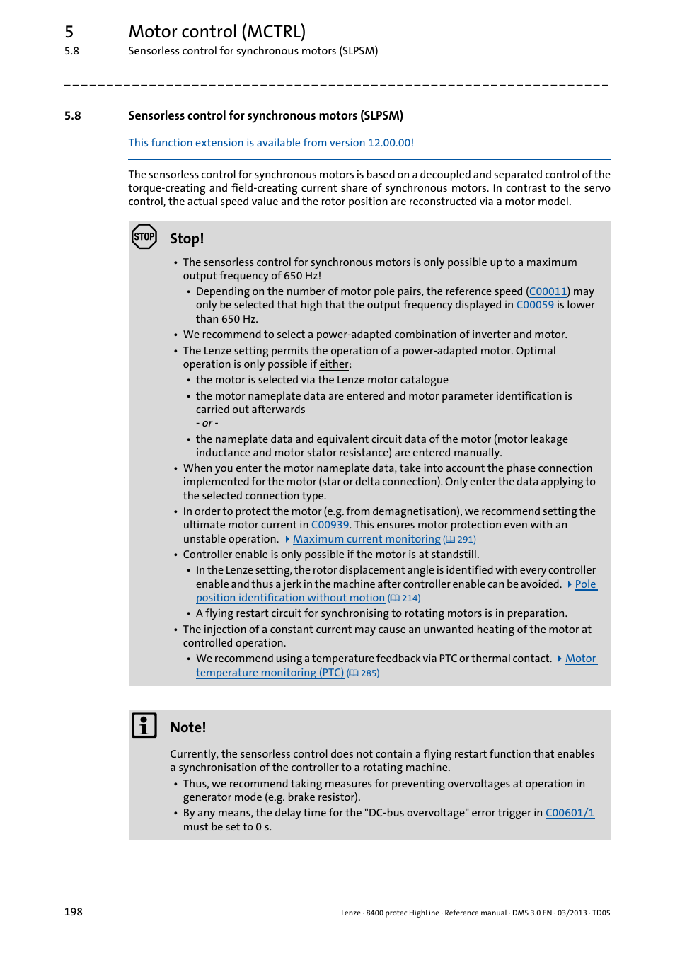 Sensorless control for synchronous motors (slpsm), 5motor control (mctrl), Stop | Lenze 8400 User Manual | Page 198 / 1494