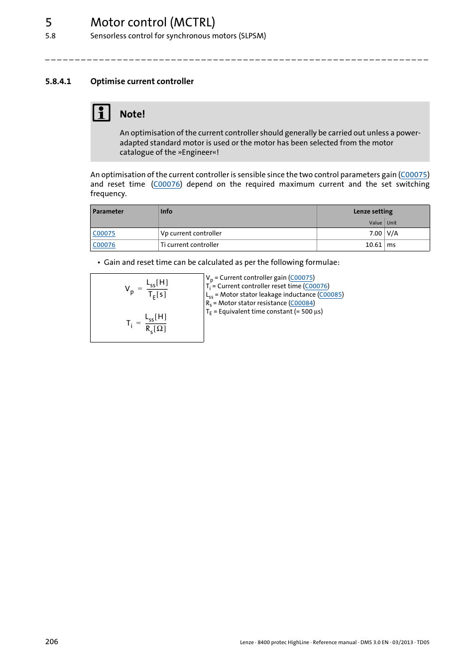 1 optimise current controller, Optimise current controller, 5motor control (mctrl) | Lenze 8400 User Manual | Page 206 / 1494