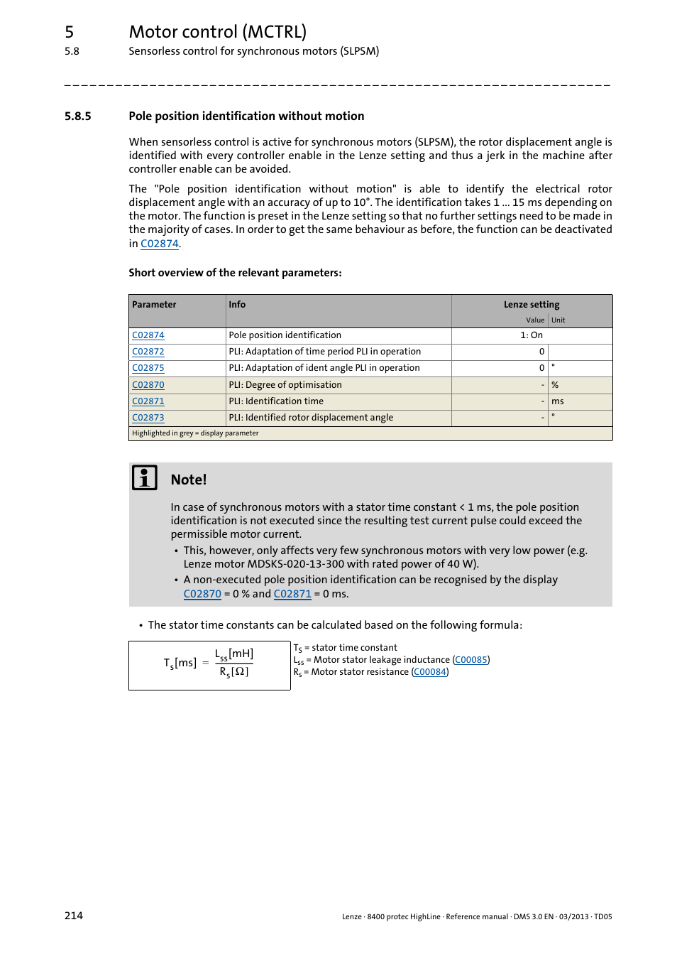 5 pole position identification without motion, Pole position identification without motion, Oided | Pole, Position identification without motion, 5motor control (mctrl) | Lenze 8400 User Manual | Page 214 / 1494