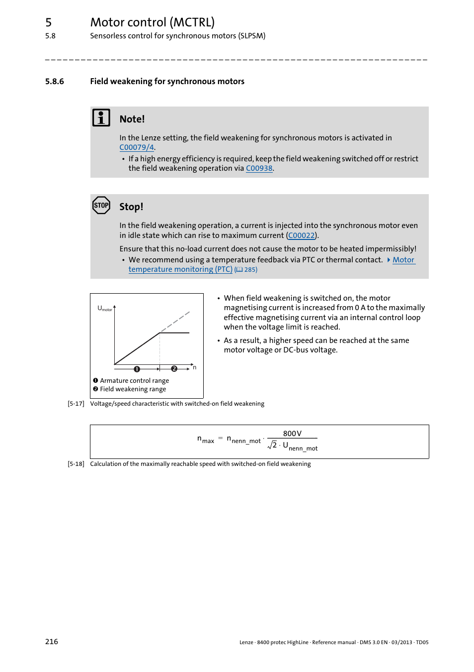 6 field weakening for synchronous motors, Field weakening for synchronous motors, 5motor control (mctrl) | Stop | Lenze 8400 User Manual | Page 216 / 1494