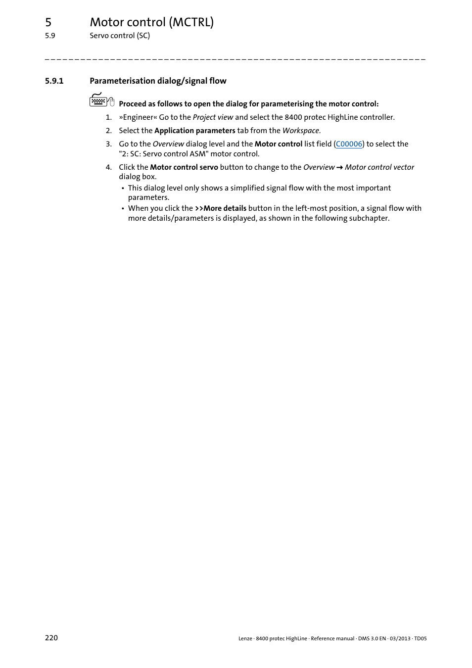 1 parameterisation dialog/signal flow, Parameterisation dialog/signal flow, 5motor control (mctrl) | Lenze 8400 User Manual | Page 220 / 1494