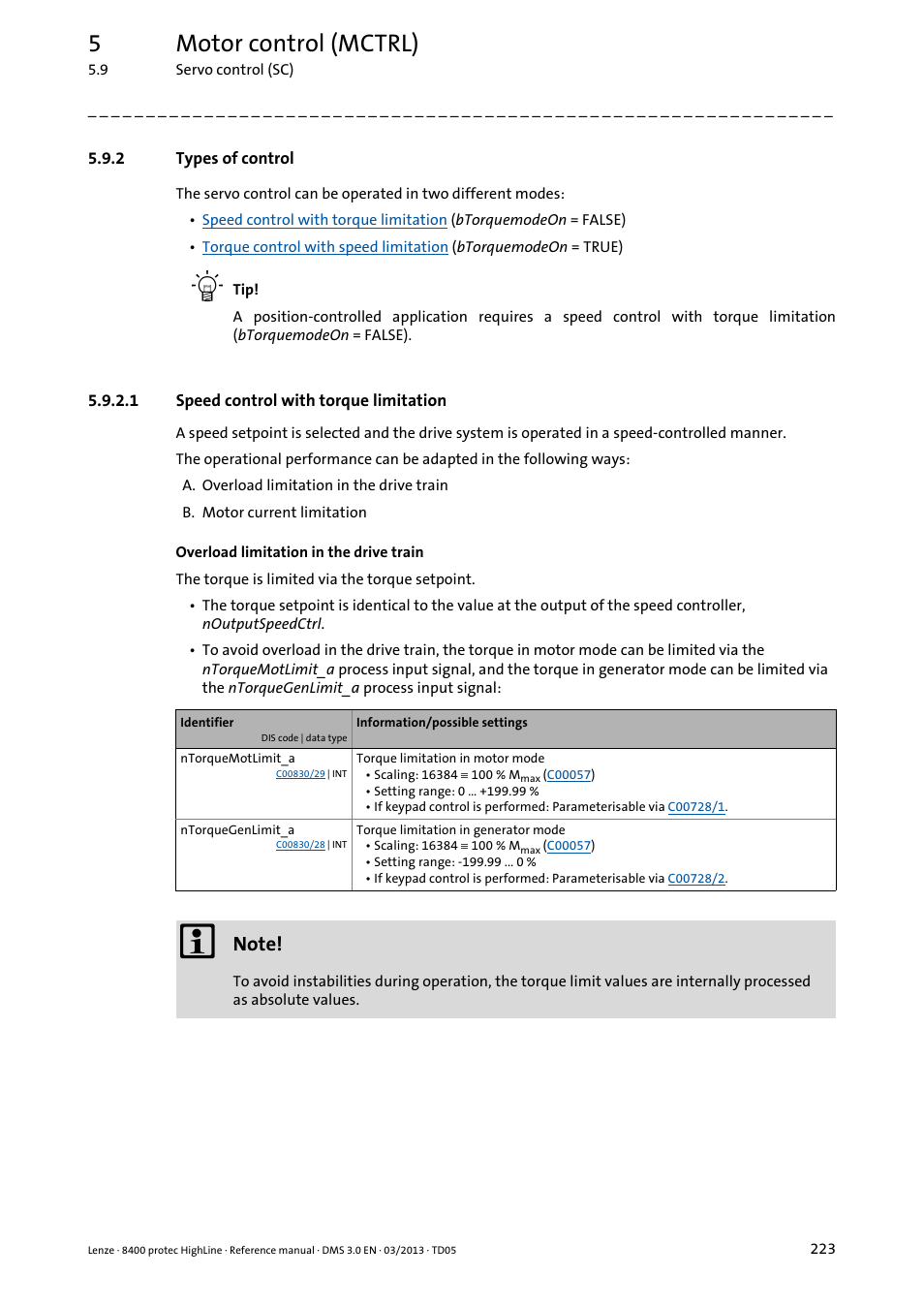 2 types of control, 1 speed control with torque limitation, Types of control | Speed control with torque limitation, 5motor control (mctrl) | Lenze 8400 User Manual | Page 223 / 1494