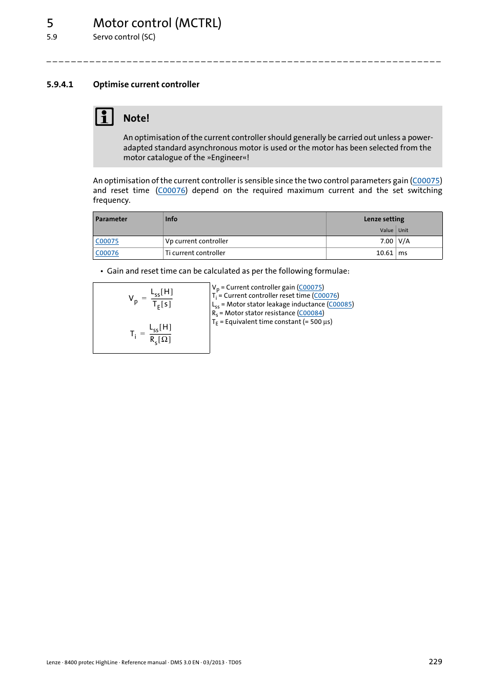 1 optimise current controller, Optimise current controller, 5motor control (mctrl) | Lenze 8400 User Manual | Page 229 / 1494