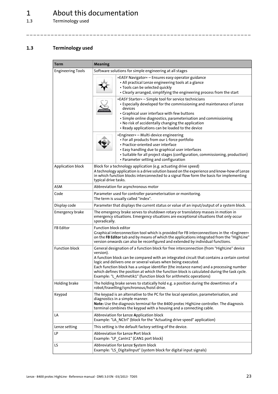 3 terminology used, Terminology used, 1about this documentation | Lenze 8400 User Manual | Page 23 / 1494