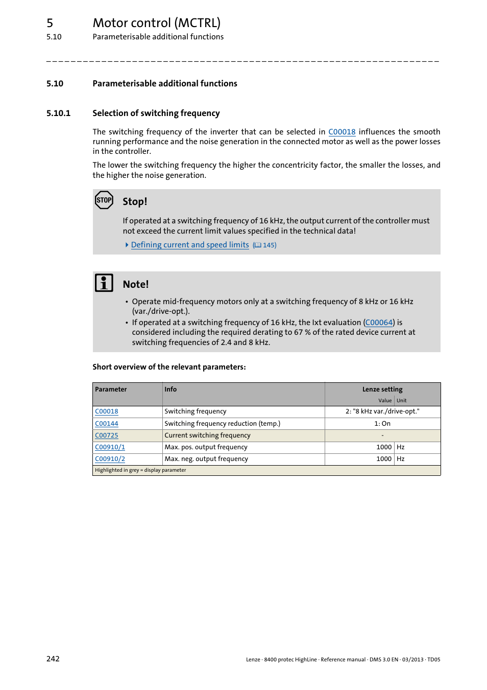 10 parameterisable additional functions, 1 selection of switching frequency, Selection of switching frequency | Parameterisable additional functions, 5motor control (mctrl), Stop | Lenze 8400 User Manual | Page 242 / 1494