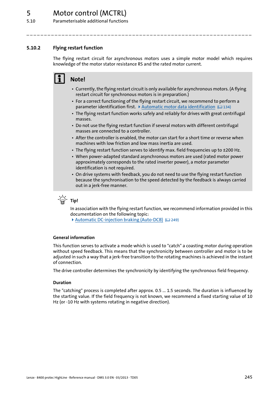 2 flying restart function, Flying restart function, Flying restart | Function, Ready rotating drive system, 5motor control (mctrl) | Lenze 8400 User Manual | Page 245 / 1494