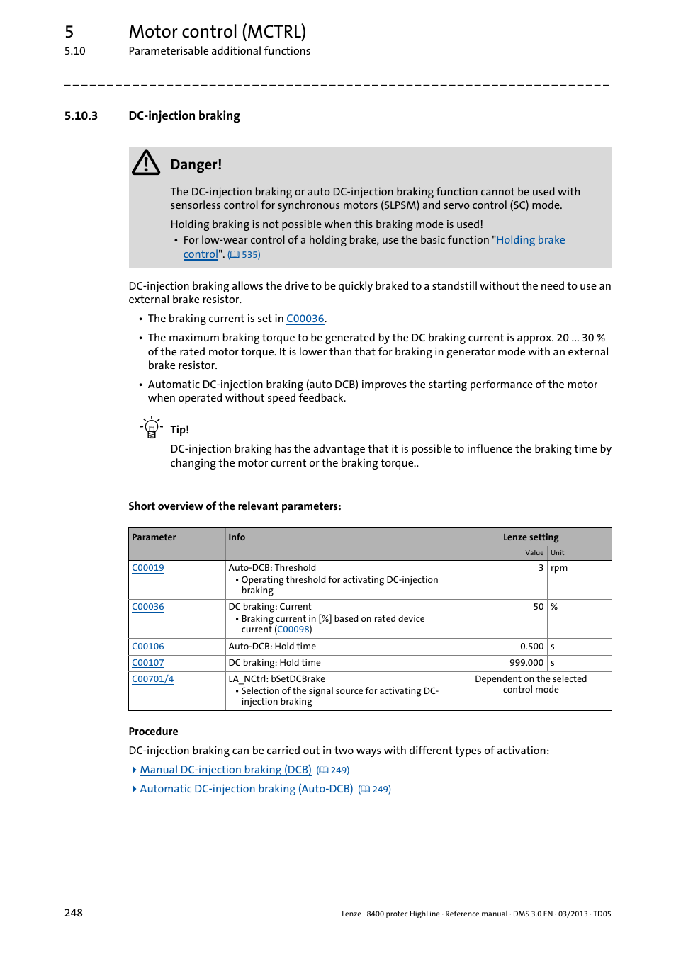 3 dc-injection braking, Dc-injection braking, 5motor control (mctrl) | Danger | Lenze 8400 User Manual | Page 248 / 1494