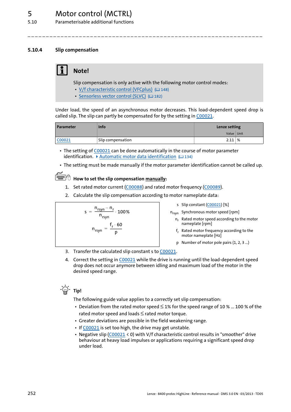 4 slip compensation, Slip compensation, Slip compensation ( 252) | 5motor control (mctrl) | Lenze 8400 User Manual | Page 252 / 1494