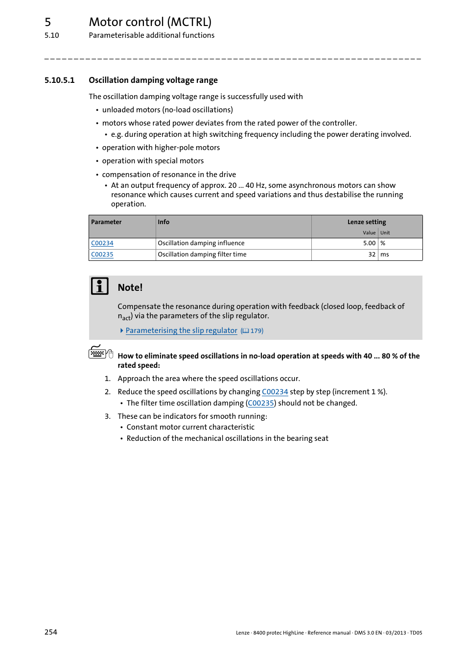 1 oscillation damping voltage range, Oscillation damping voltage range, 5motor control (mctrl) | Lenze 8400 User Manual | Page 254 / 1494