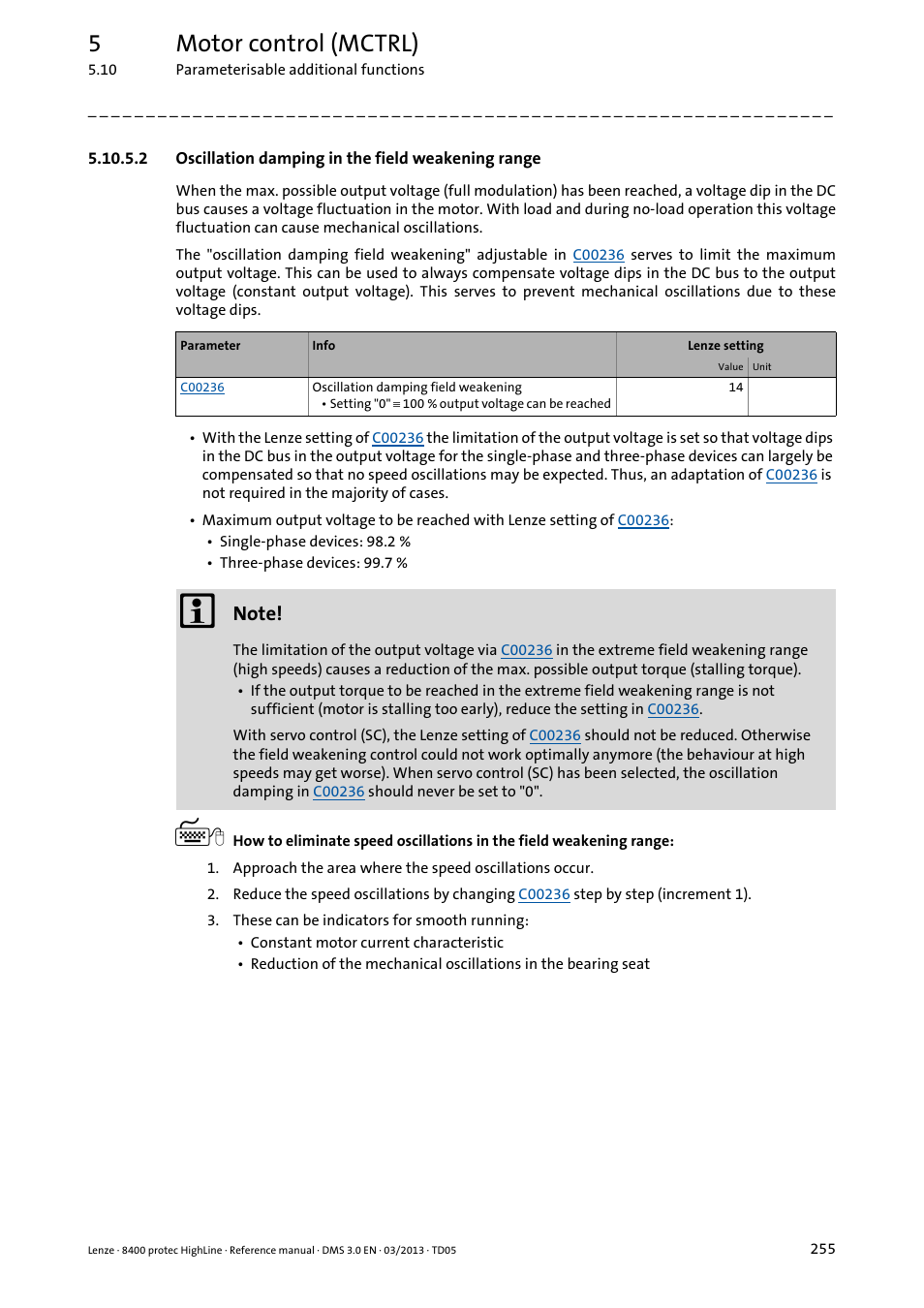 2 oscillation damping in the field weakening range, Oscillation damping in the field weakening range, 5motor control (mctrl) | Lenze 8400 User Manual | Page 255 / 1494