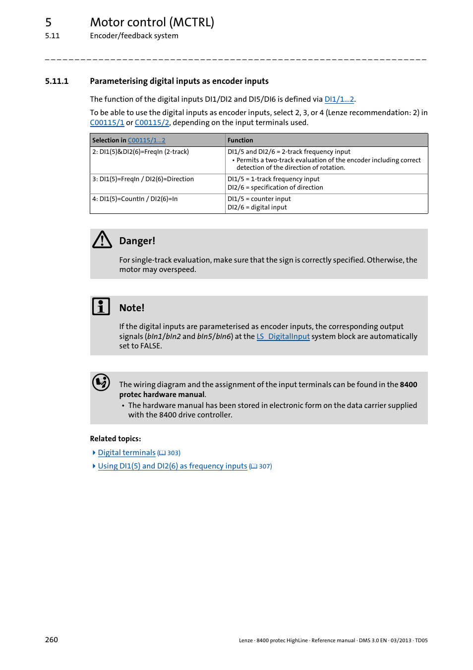 1 parameterising digital inputs as encoder inputs, Parameterising digital inputs as encoder inputs, 5motor control (mctrl) | Lenze 8400 User Manual | Page 260 / 1494