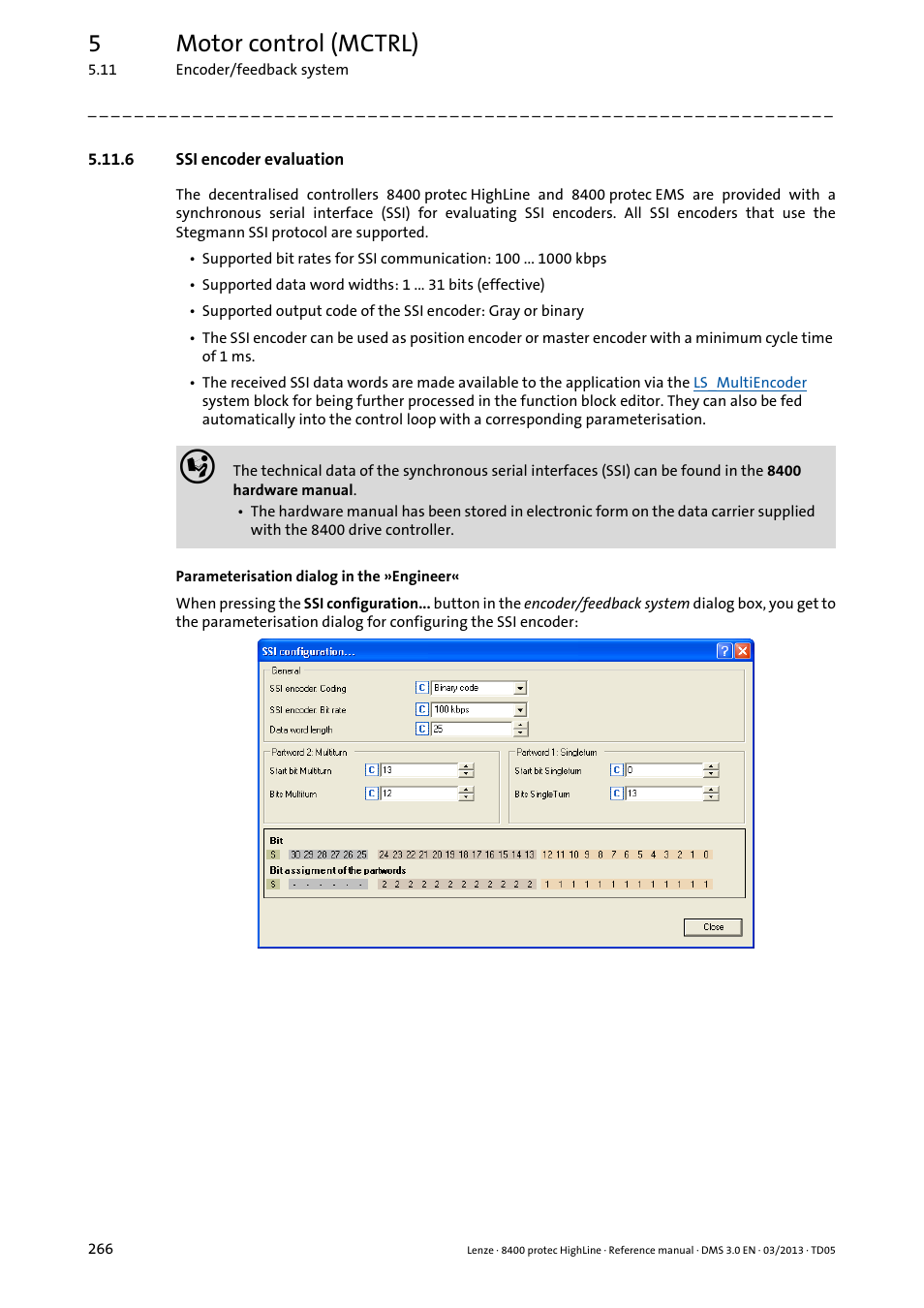 6 ssi encoder evaluation, Ssi encoder evaluation, E settings for the | 5motor control (mctrl) | Lenze 8400 User Manual | Page 266 / 1494