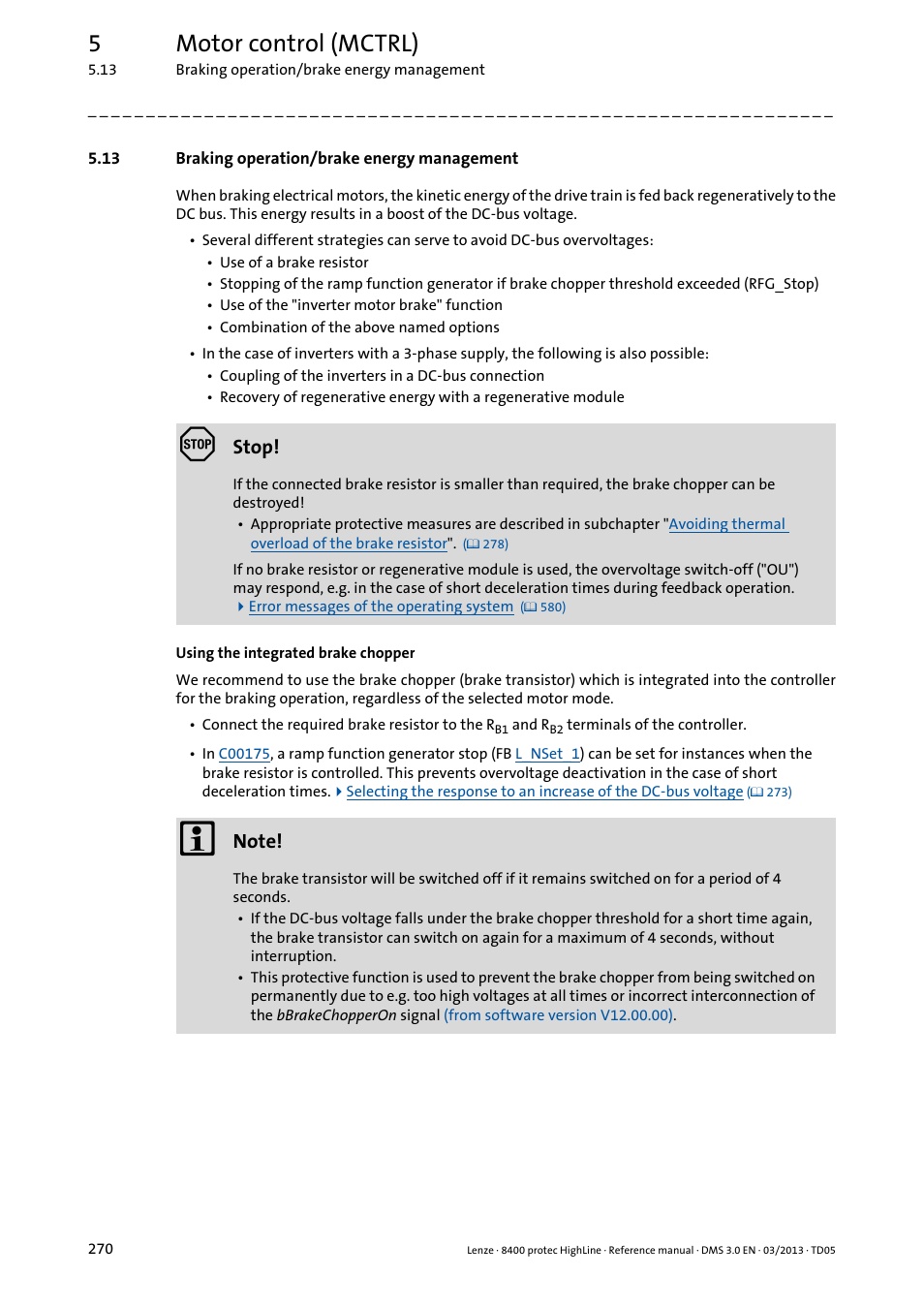 13 braking operation/brake energy management, Braking operation/brake energy management, 5motor control (mctrl) | Stop | Lenze 8400 User Manual | Page 270 / 1494