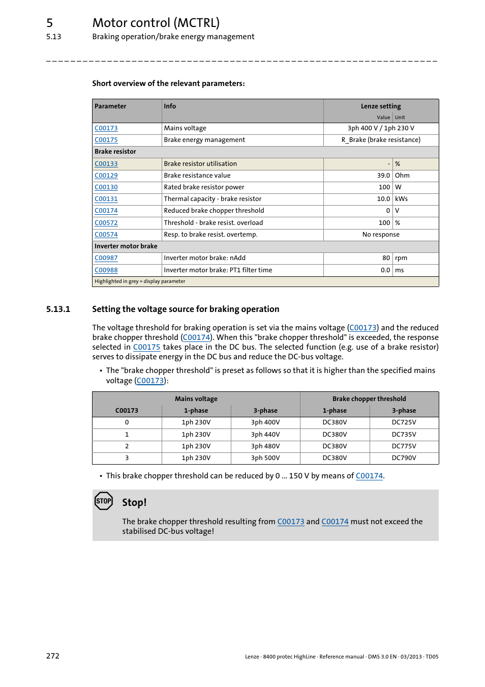 1 setting the voltage source for braking operation, Setting the voltage source for braking operation, 5motor control (mctrl) | Stop | Lenze 8400 User Manual | Page 272 / 1494