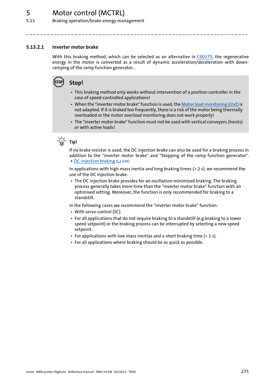 1 inverter motor brake, Inverter motor brake, 5motor control (mctrl) | Lenze 8400 User Manual | Page 275 / 1494
