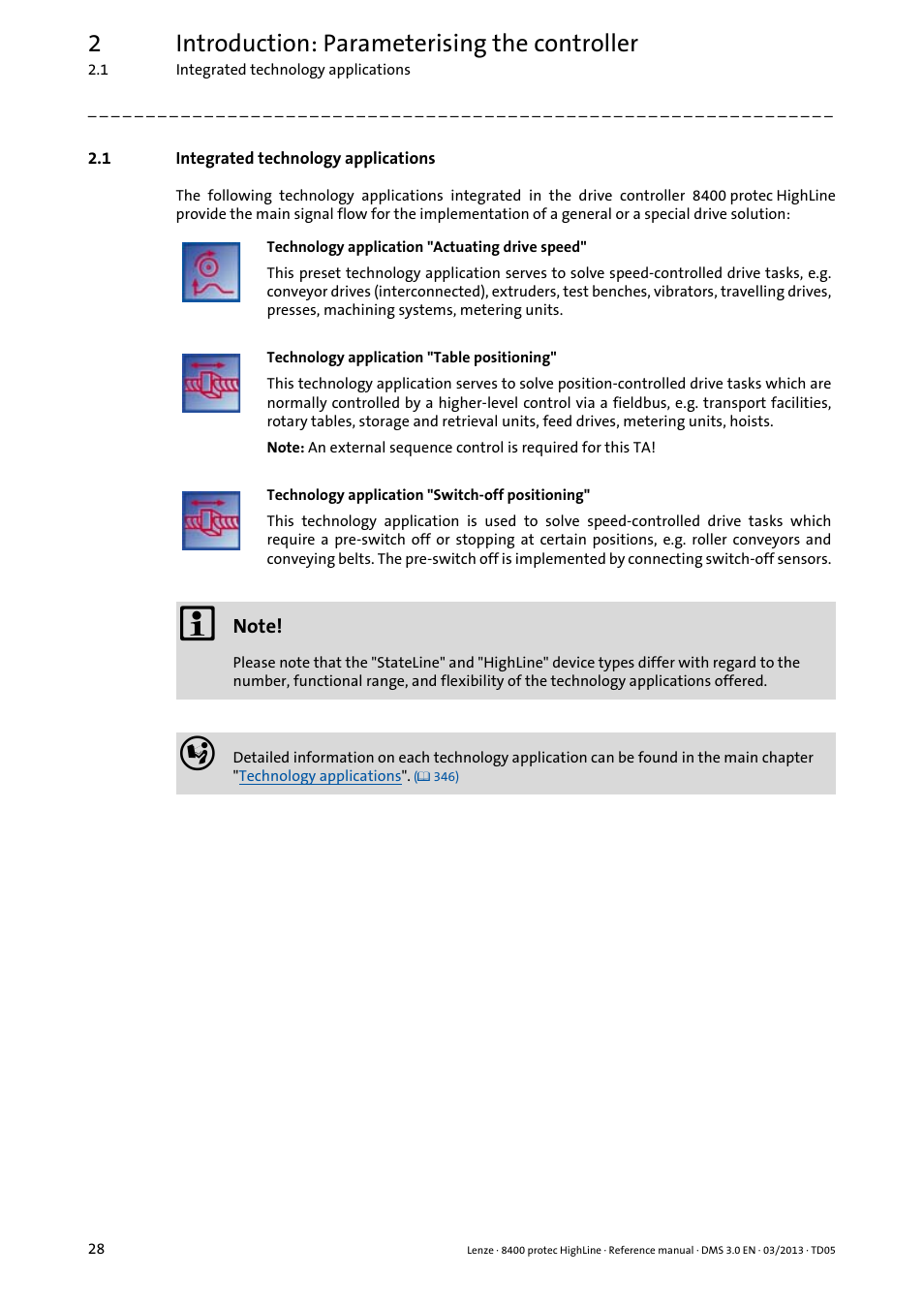 1 integrated technology applications, Integrated technology applications, 2introduction: parameterising the controller | Lenze 8400 User Manual | Page 28 / 1494