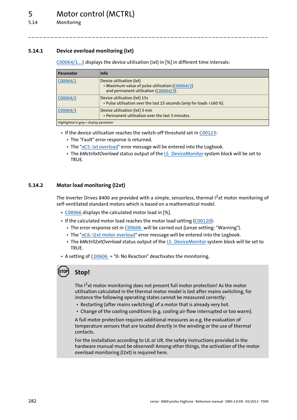 1 device overload monitoring (ixt), 2 motor load monitoring (i2xt), Device overload monitoring (ixt) | Motor load monitoring (i2xt), 5motor control (mctrl), Stop | Lenze 8400 User Manual | Page 282 / 1494