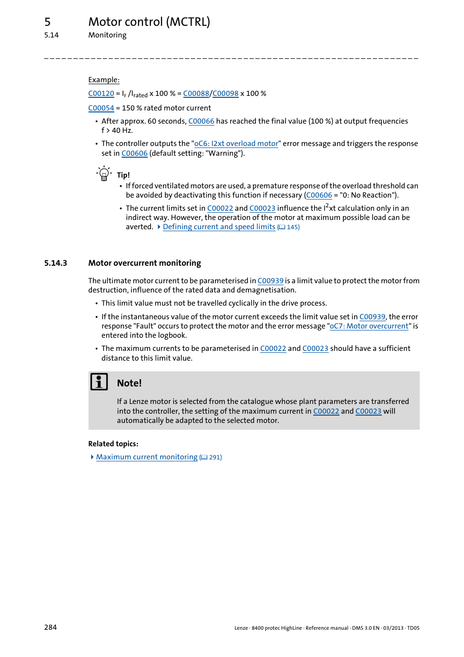 3 motor overcurrent monitoring, Motor overcurrent monitoring, 5motor control (mctrl) | Lenze 8400 User Manual | Page 284 / 1494