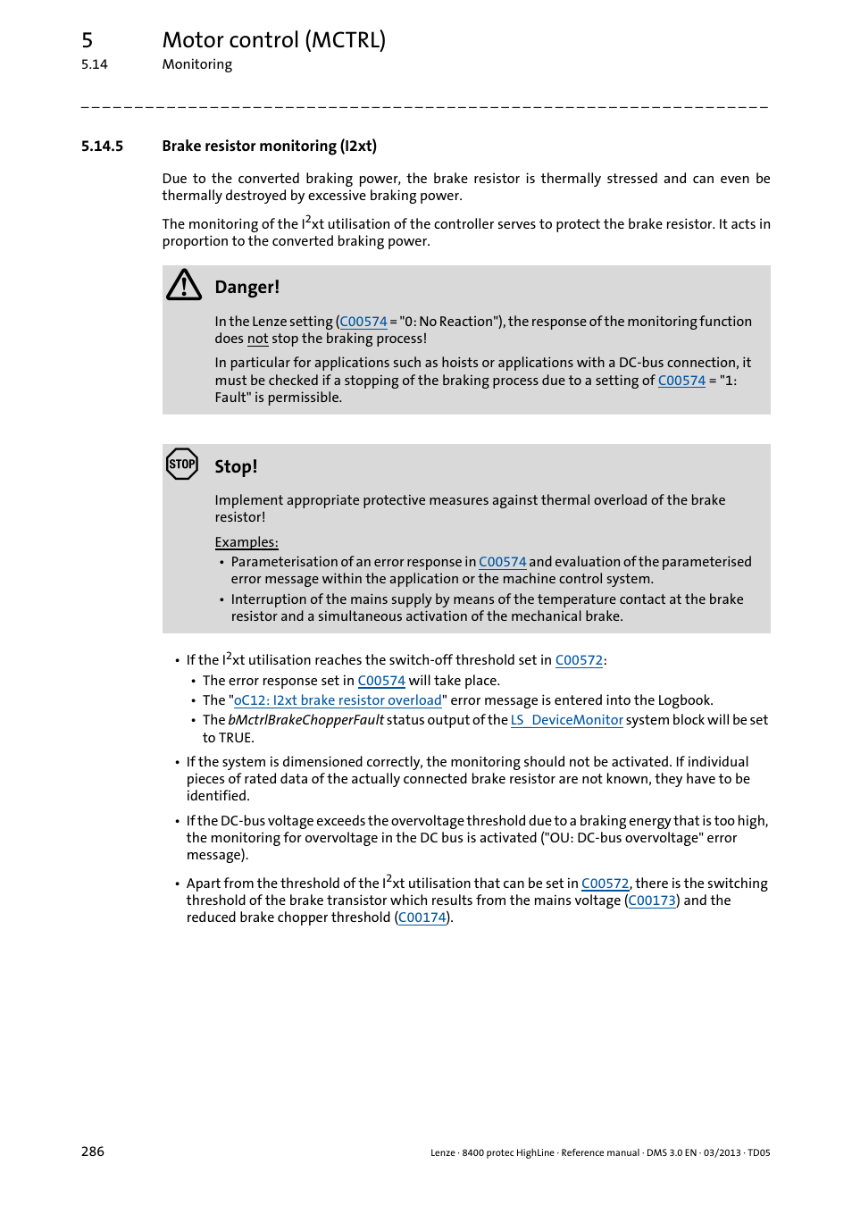 5 brake resistor monitoring (i2xt), Brake resistor monitoring (i2xt), If n | 5motor control (mctrl), Danger, Stop | Lenze 8400 User Manual | Page 286 / 1494