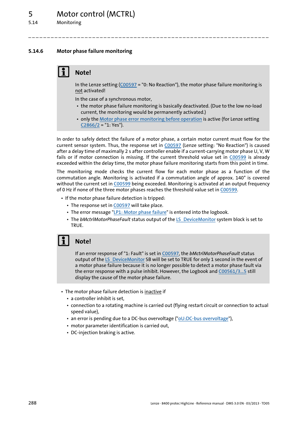 6 motor phase failure monitoring, Motor phase failure monitoring, 5motor control (mctrl) | Lenze 8400 User Manual | Page 288 / 1494