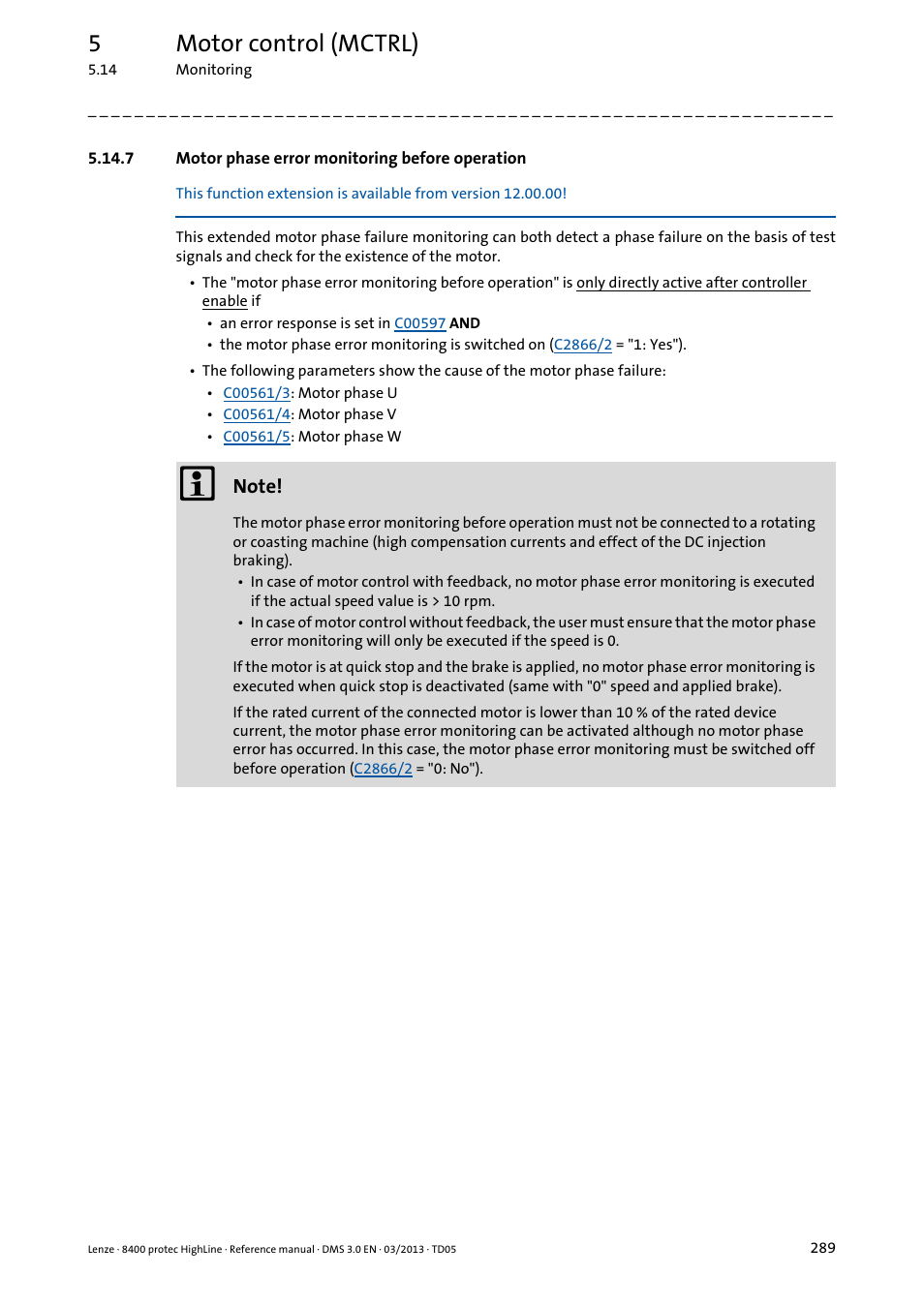 7 motor phase error monitoring before operation, Motor phase error monitoring before operation, Motor phase error monitoring before | Operation, 5motor control (mctrl) | Lenze 8400 User Manual | Page 289 / 1494