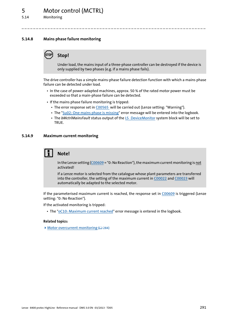 8 mains phase failure monitoring, 9 maximum current monitoring, Mains phase failure monitoring | Maximum current monitoring, Ation, 5motor control (mctrl) | Lenze 8400 User Manual | Page 291 / 1494