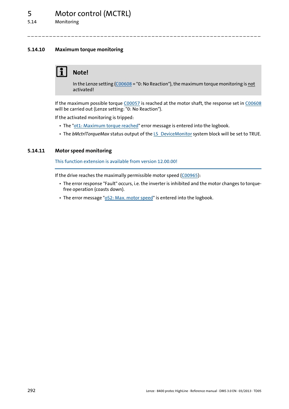 10 maximum torque monitoring, 11 motor speed monitoring, Motor speed monitoring | Maximum torque monitoring, 5motor control (mctrl) | Lenze 8400 User Manual | Page 292 / 1494