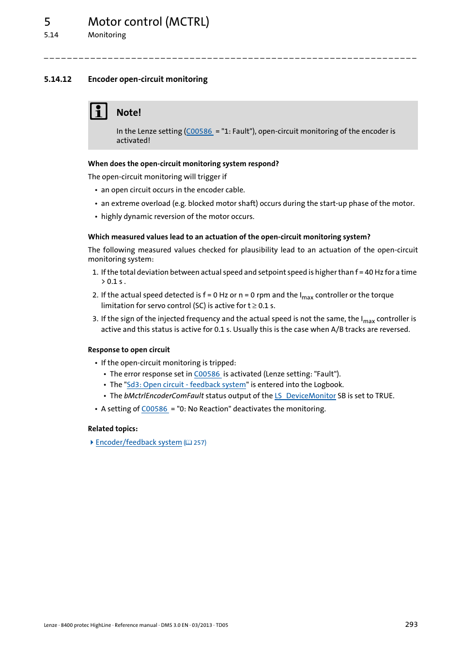 12 encoder open-circuit monitoring, Activated, Encoder open-circuit monitoring | Encoder open-circuit monitoring ( 293), 5motor control (mctrl) | Lenze 8400 User Manual | Page 293 / 1494