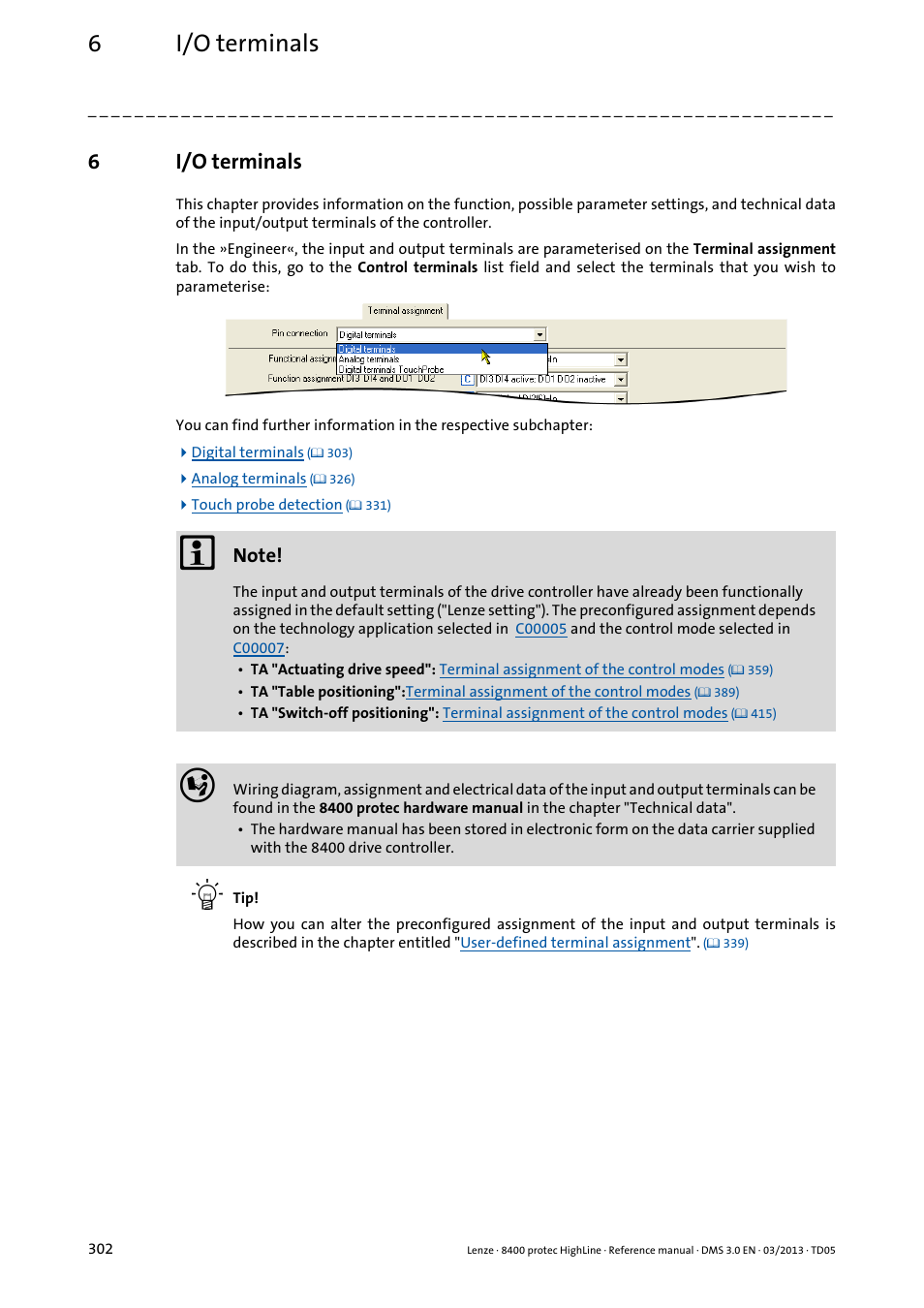 6 i/o terminals, Terminals, 6i/o terminals | Lenze 8400 User Manual | Page 302 / 1494