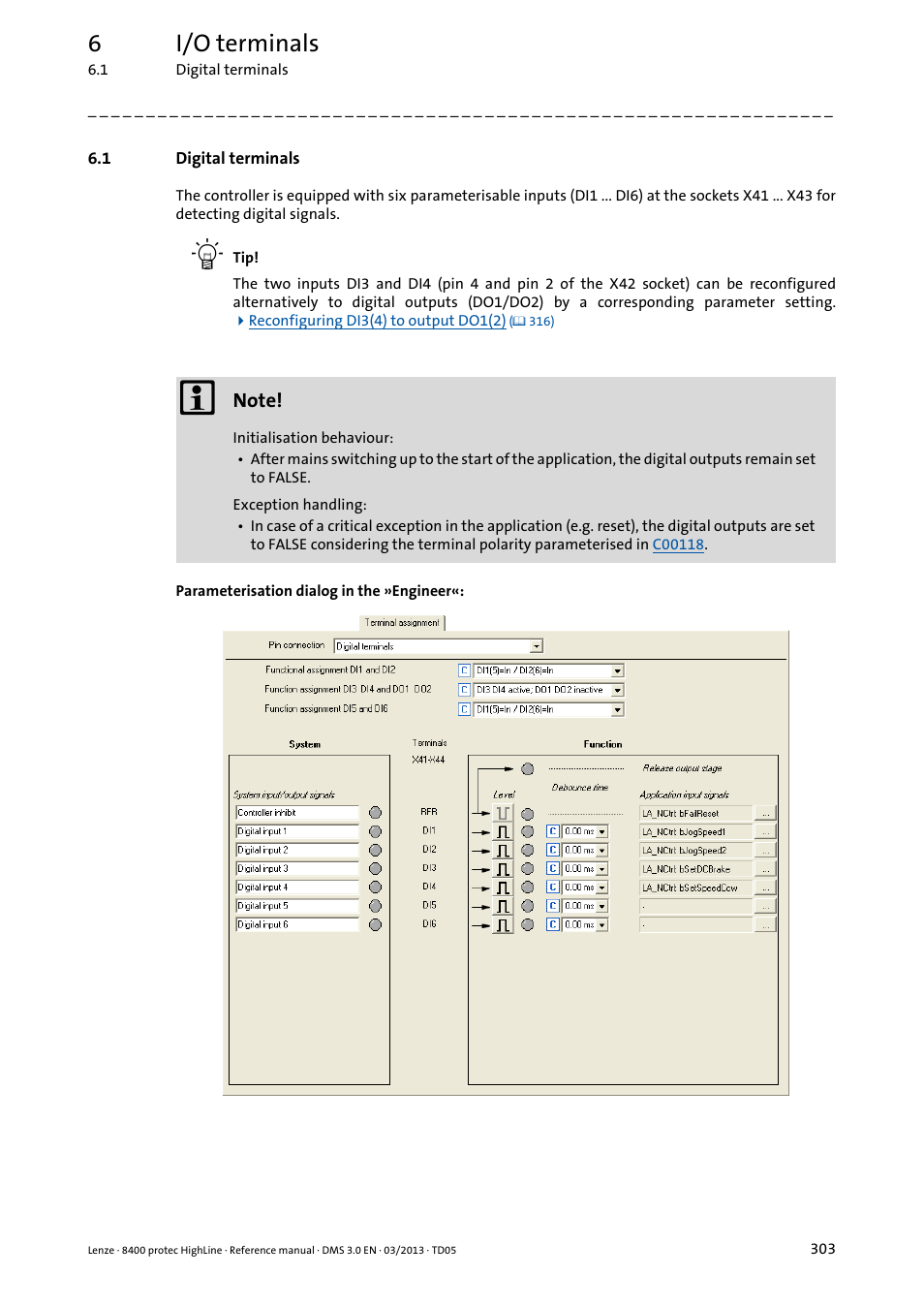 1 digital terminals, Digital terminals, 6i/o terminals | Lenze 8400 User Manual | Page 303 / 1494