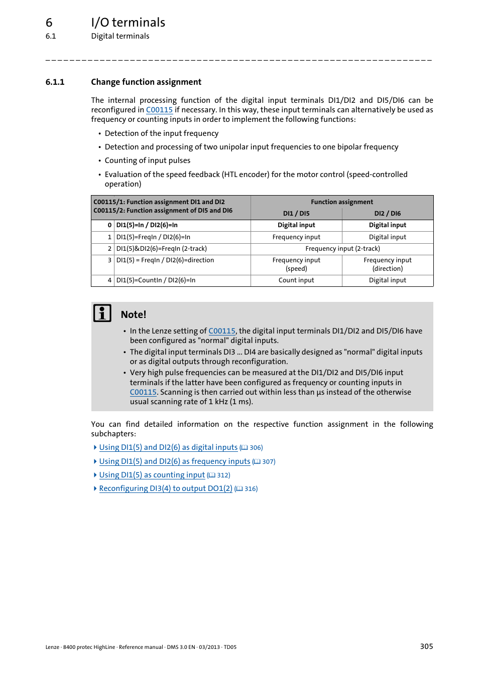 1 change function assignment, Change function assignment, Change function assignment ( 305) | 6i/o terminals | Lenze 8400 User Manual | Page 305 / 1494