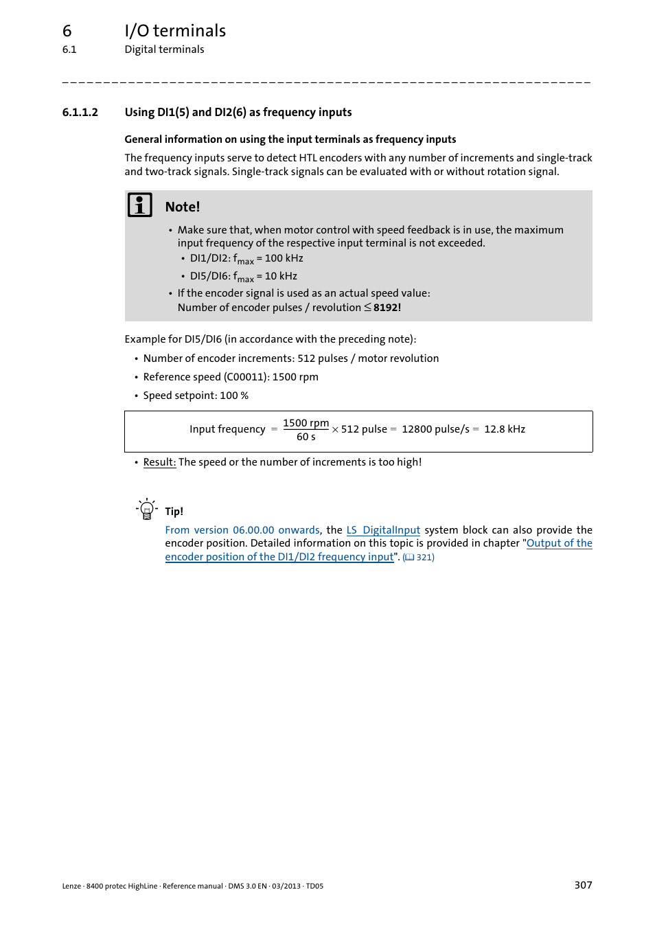 2 using di1(5) and di2(6) as frequency inputs, Using di1(5) and di2(6) as frequency inputs, Using di1(5) and di2(6) as frequency | Inputs, 6i/o terminals | Lenze 8400 User Manual | Page 307 / 1494