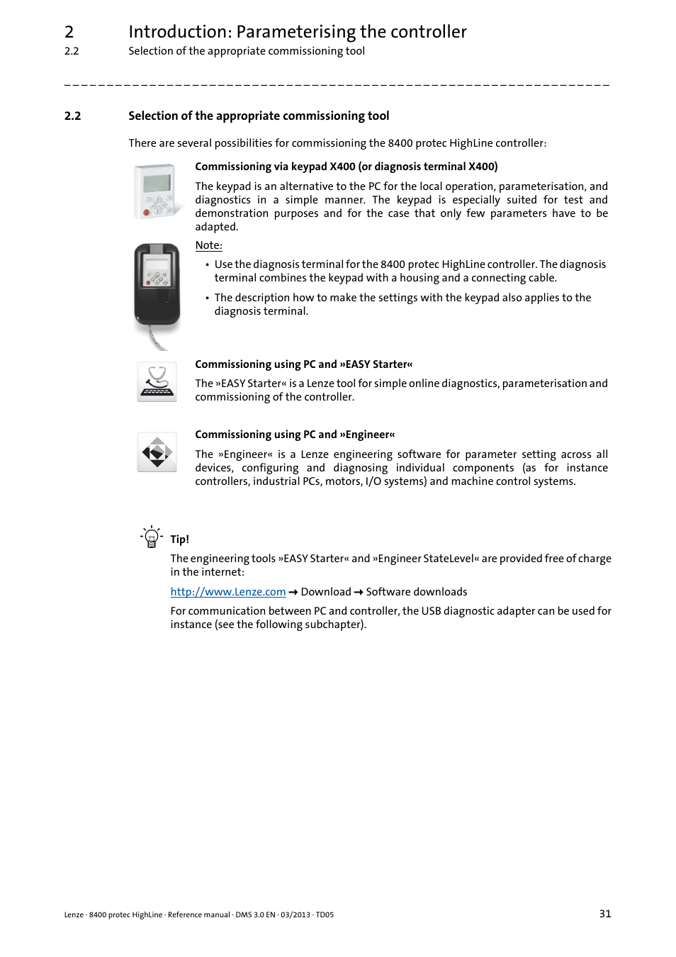 2 selection of the appropriate commissioning tool, Selection of the appropriate commissioning tool, 2introduction: parameterising the controller | Lenze 8400 User Manual | Page 31 / 1494