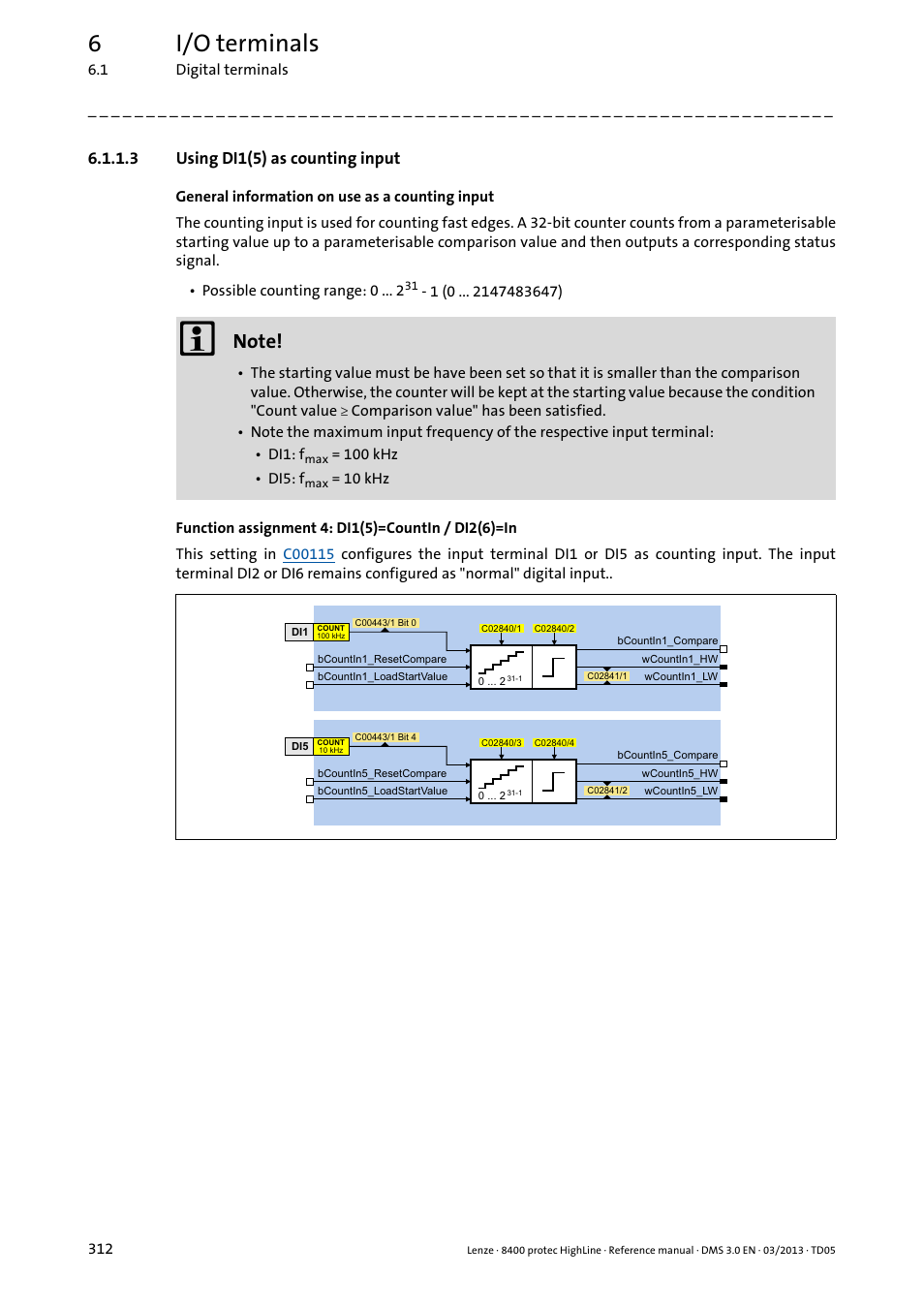 3 using di1(5) as counting input, Using di1(5) as counting input, 6i/o terminals | Lenze 8400 User Manual | Page 312 / 1494