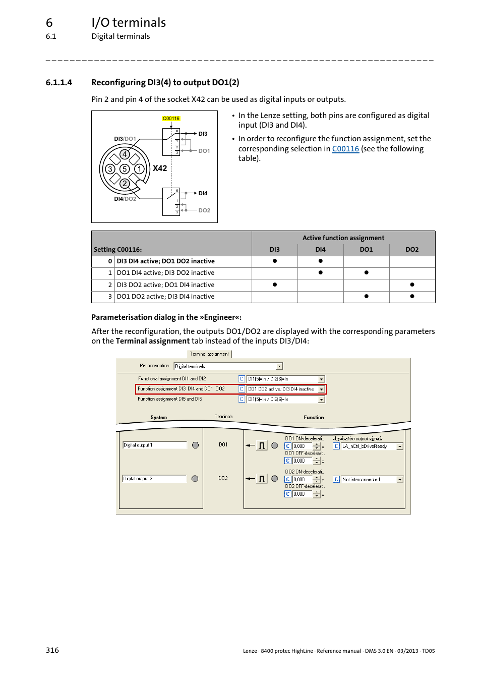 4 reconfiguring di3(4) to output do1(2), Reconfiguring di3(4) to output do1(2), 6i/o terminals | Lenze 8400 User Manual | Page 316 / 1494