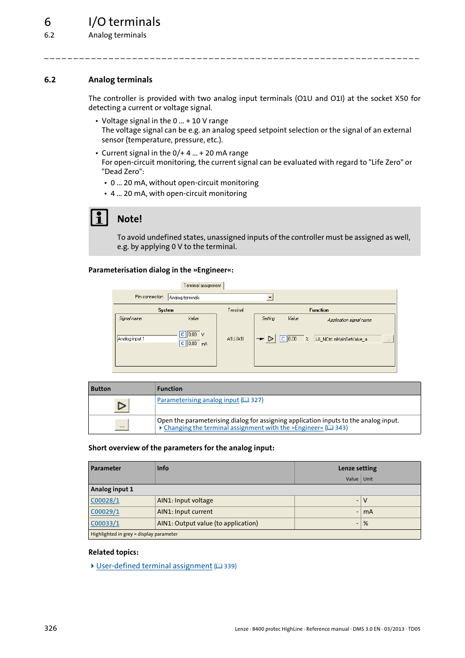 2 analog terminals, Analog terminals, 6i/o terminals | Lenze 8400 User Manual | Page 326 / 1494