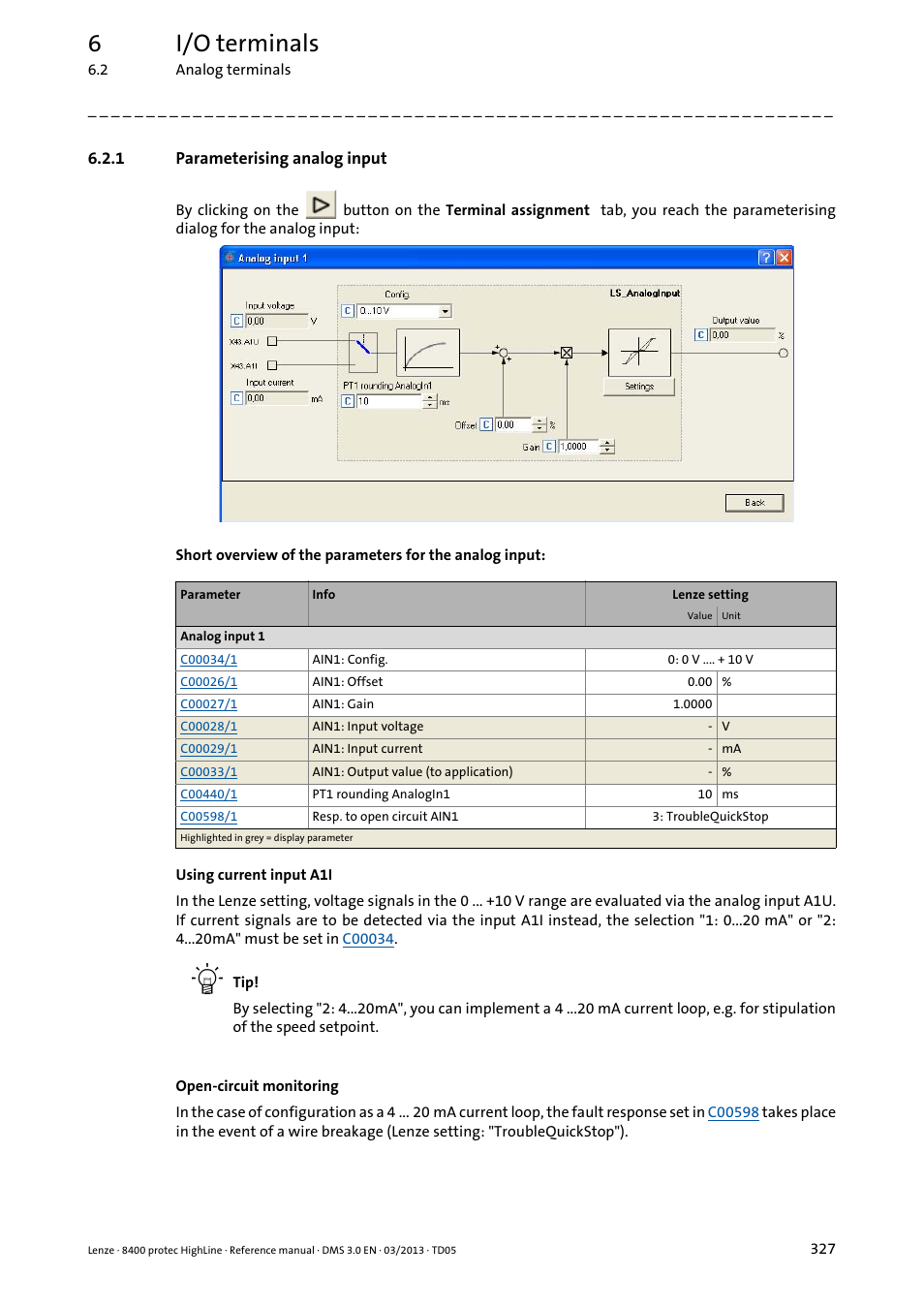 1 parameterising analog input, Parameterising analog input, Parameterising analog input ( 327) | 6i/o terminals | Lenze 8400 User Manual | Page 327 / 1494