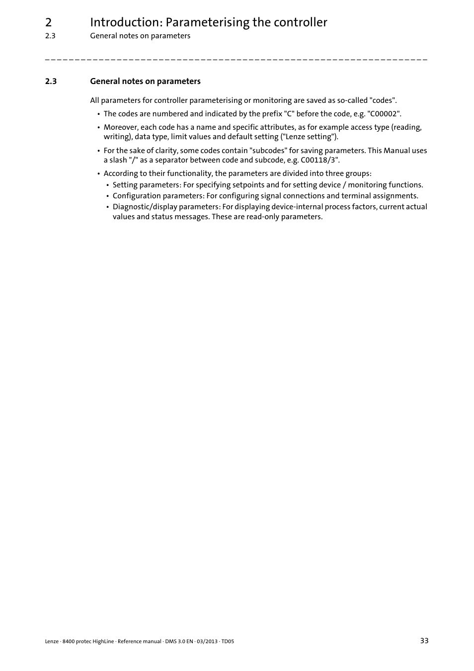 3 general notes on parameters, General notes on parameters, 2introduction: parameterising the controller | Lenze 8400 User Manual | Page 33 / 1494