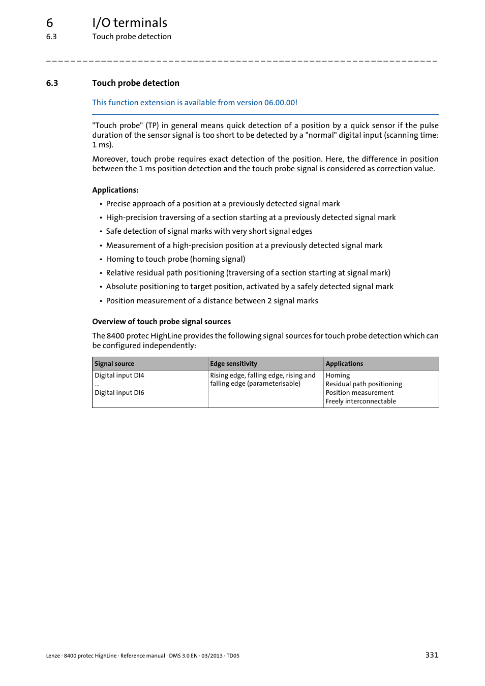 3 touch probe detection, Touch probe detection, 6i/o terminals | Lenze 8400 User Manual | Page 331 / 1494