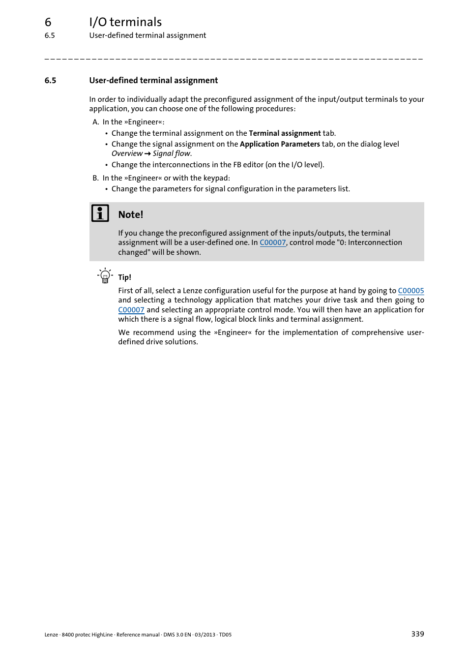 5 user-defined terminal assignment, User-defined terminal assignment, 6i/o terminals | Lenze 8400 User Manual | Page 339 / 1494