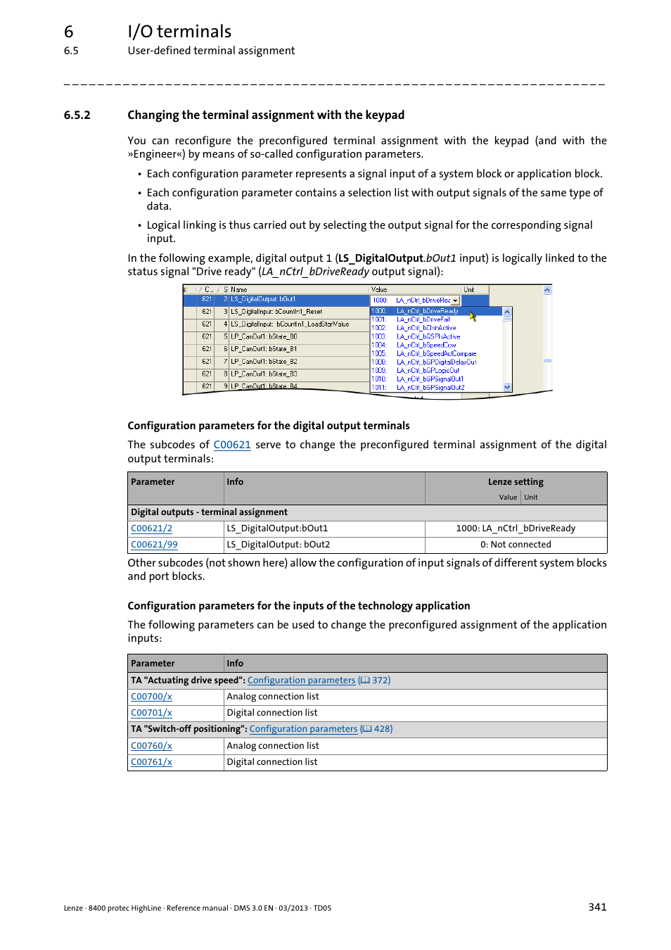 2 changing the terminal assignment with the keypad, Changing the terminal assignment with the keypad, 6i/o terminals | Lenze 8400 User Manual | Page 341 / 1494