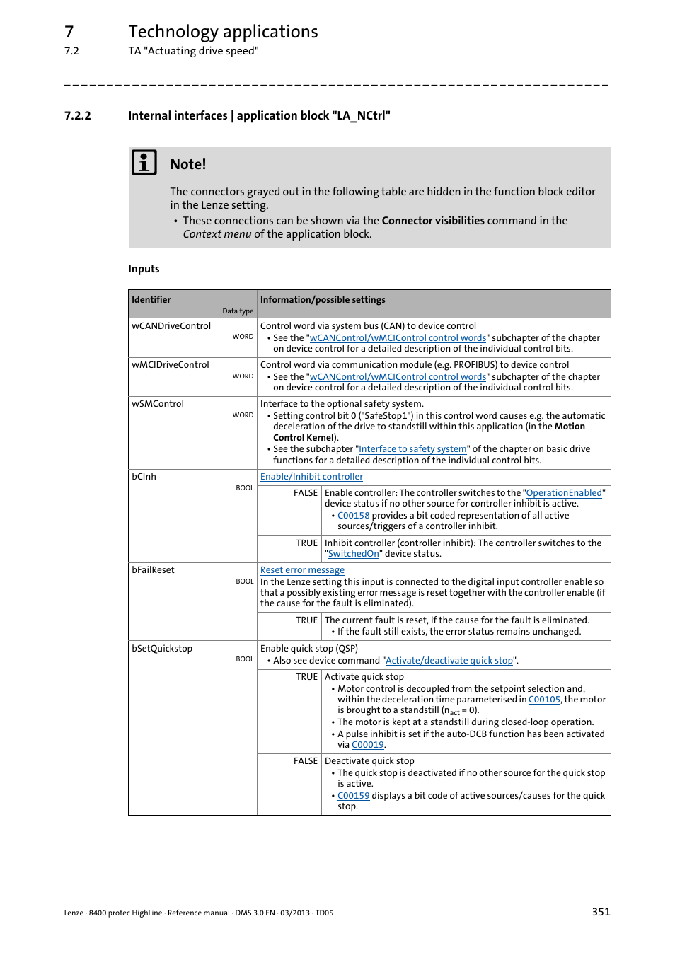 Internal interfaces | application block "la_nctrl, 7technology applications | Lenze 8400 User Manual | Page 351 / 1494