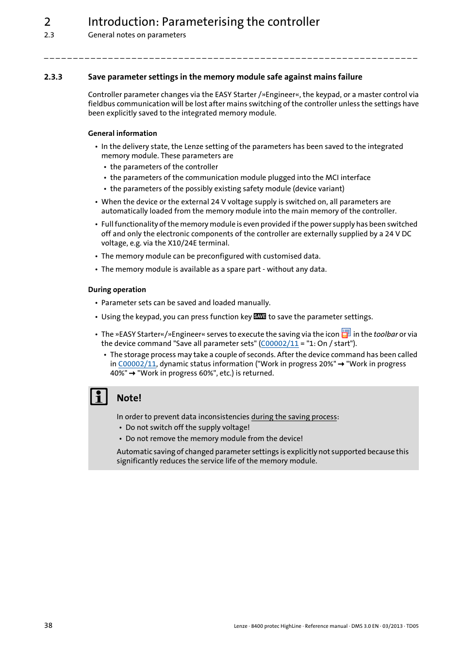 2introduction: parameterising the controller | Lenze 8400 User Manual | Page 38 / 1494