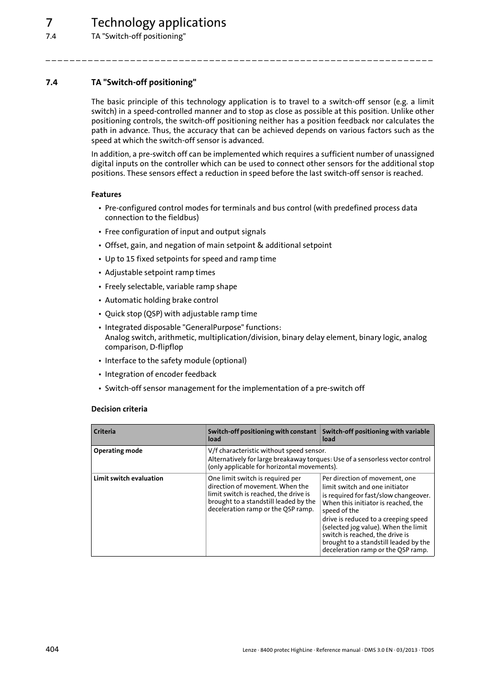 4 ta "switch-off positioning, Ta "switch-off positioning, 7technology applications | Lenze 8400 User Manual | Page 404 / 1494