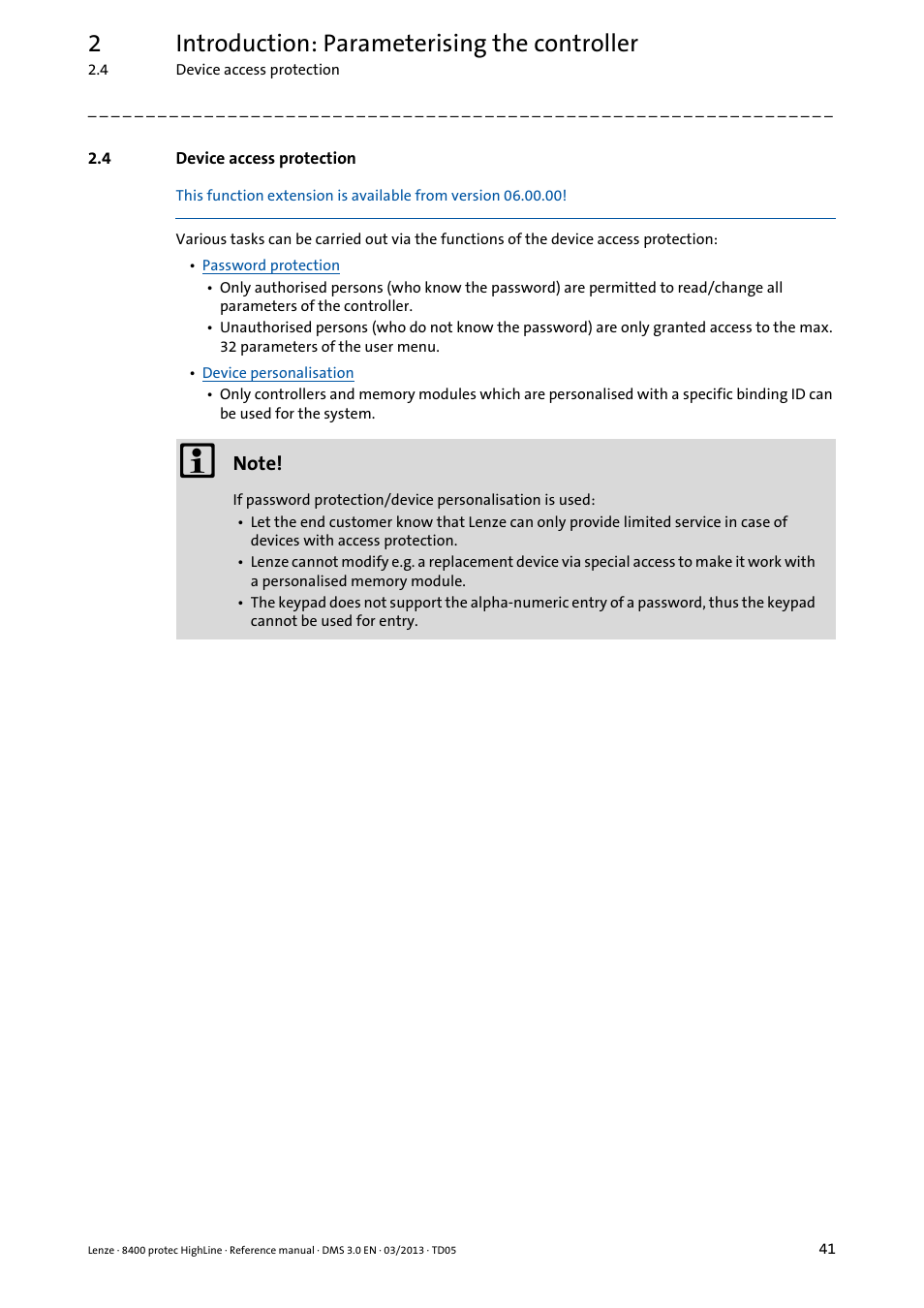 4 device access protection, Device access protection, 2introduction: parameterising the controller | Lenze 8400 User Manual | Page 41 / 1494