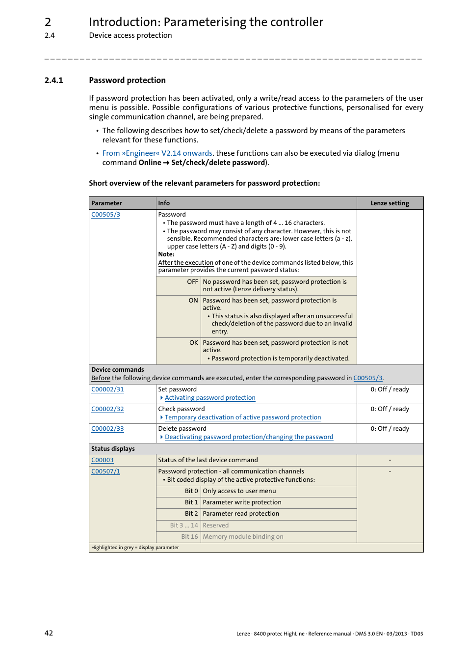 1 password protection, Password protection, 2introduction: parameterising the controller | Lenze 8400 User Manual | Page 42 / 1494