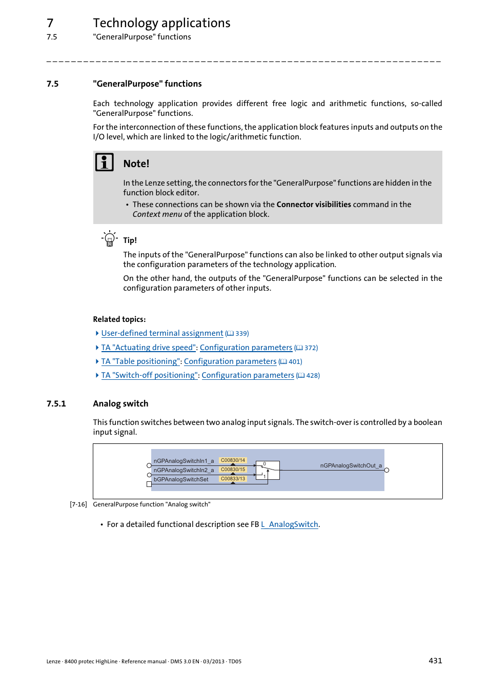 5 "generalpurpose" functions, 1 analog switch, Generalpurpose" functions | Analog switch, Ed disposable, Selection input, 7technology applications | Lenze 8400 User Manual | Page 431 / 1494